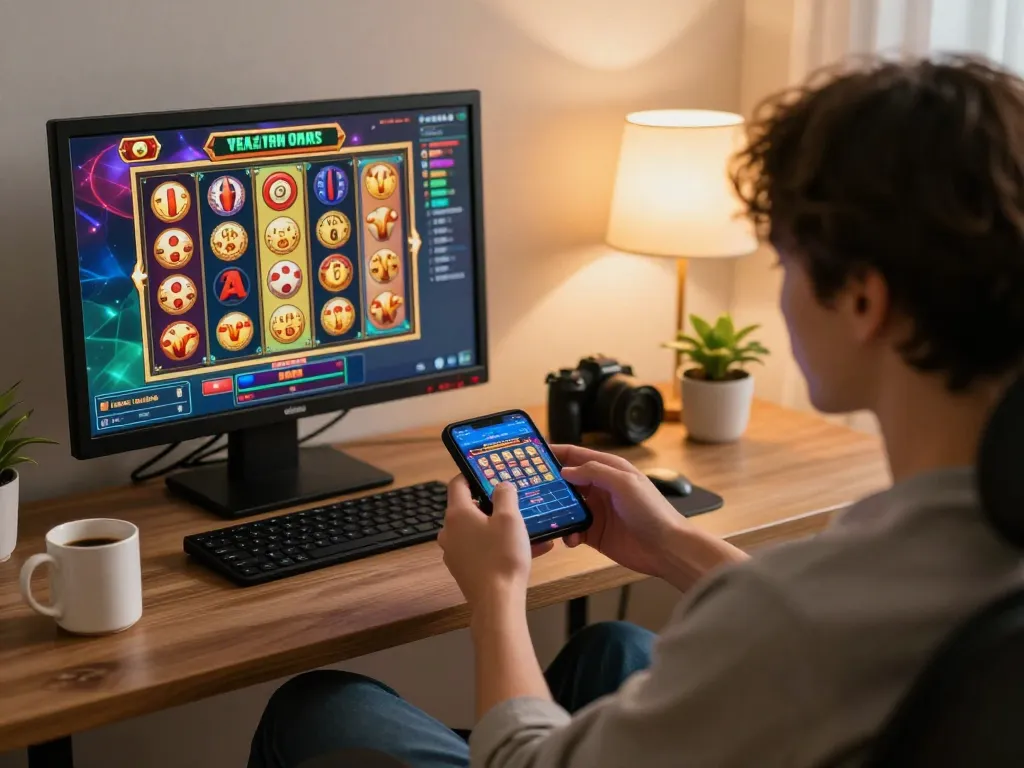 Person playing slots on mobile Bl555 app in a cozy home setting