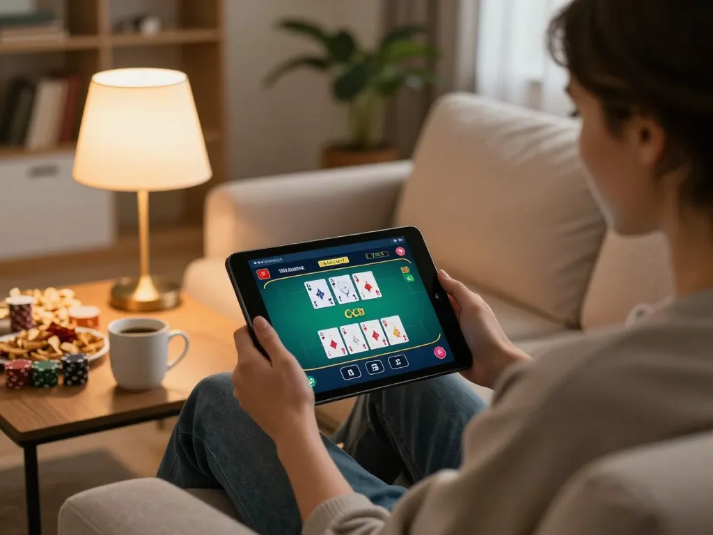 Player enjoying online poker on a tablet at home, showcasing RR88 gameplay and strategies.