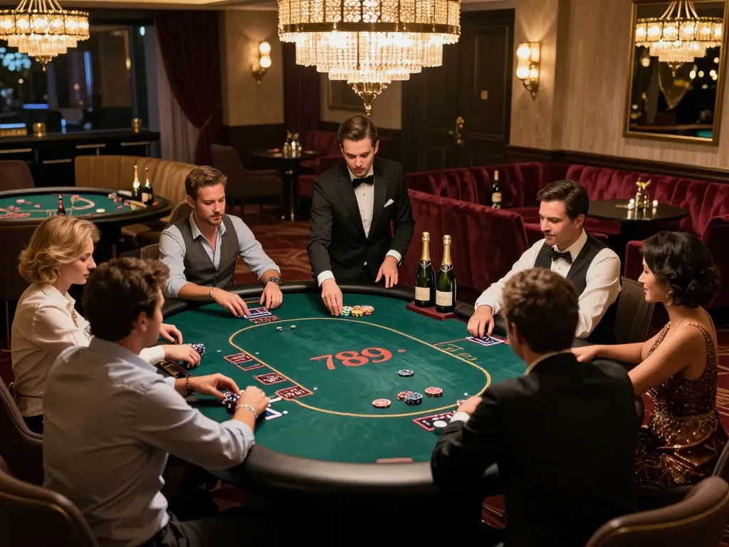 Players enjoying a high-stakes poker game in a VIP area at 789win vip casino, showcasing luxury and excitement.