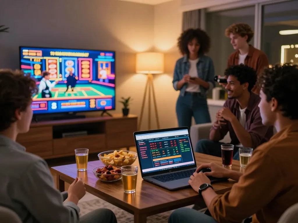 The online casino experience at https://rikbet.in.net/ showcases friends enjoying various games in a cozy living room with vibrant screens.