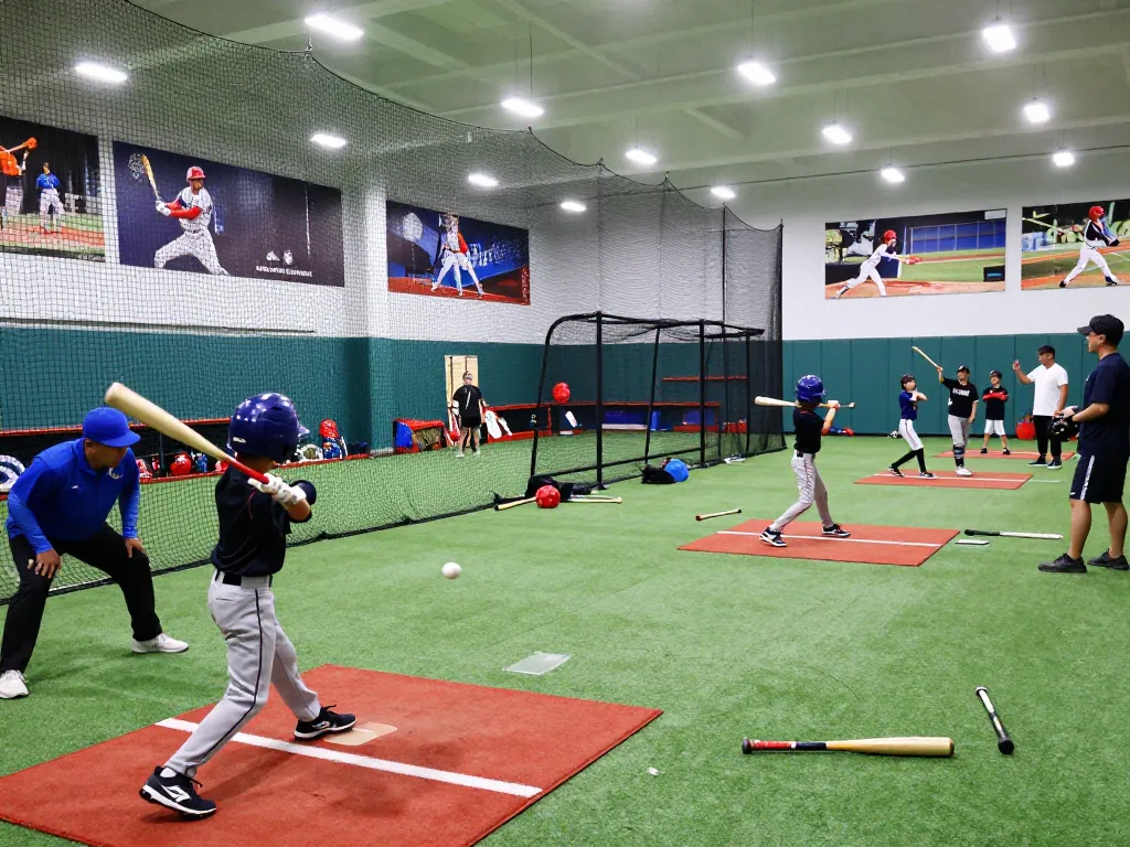 Young athletes at Hitclub practicing baseball in a vibrant indoor facility