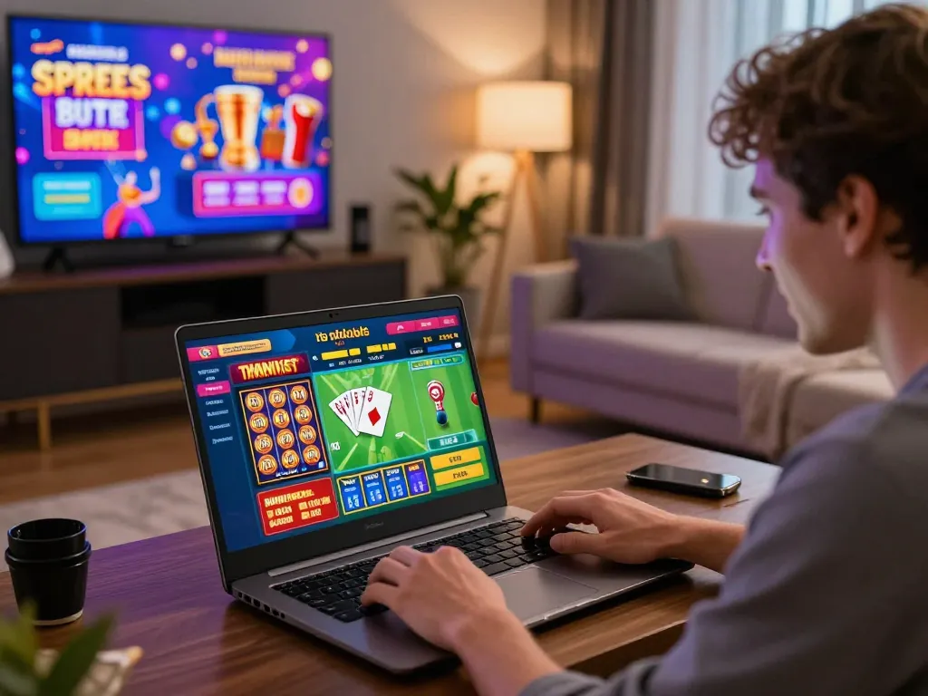 789win user joyfully playing online games in a vibrant home setting, showcasing slot, card, and sports betting.