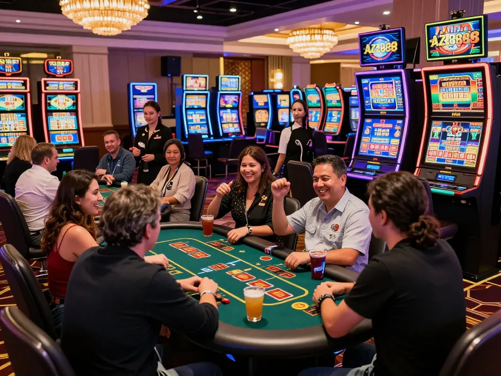 Energetic scene at AZ 888 online casino showing players enjoying diverse games with vibrant LED lights, live dealers, and an engaging atmosphere.