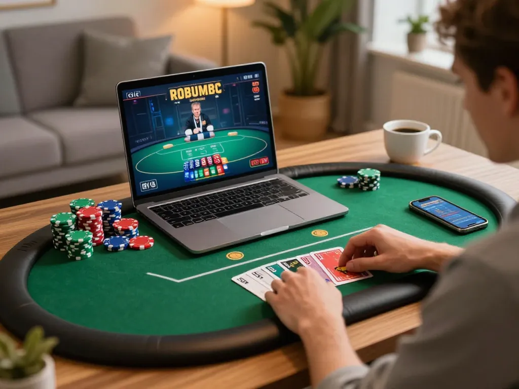 Engaging in online poker with liên minh okwin, featuring a laptop and colorful chips.