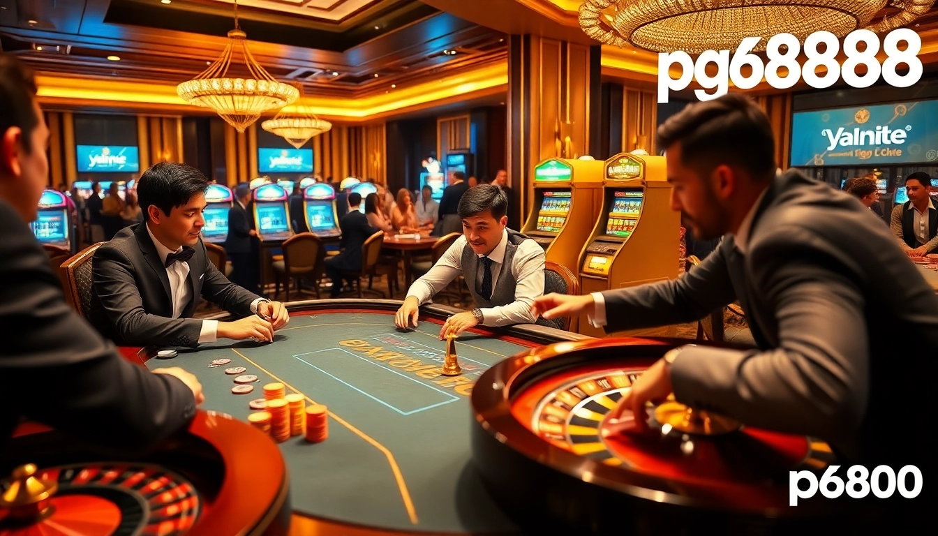 Engaging casino scene featuring pg888 with poker players, roulette wheel, and vibrant chips.