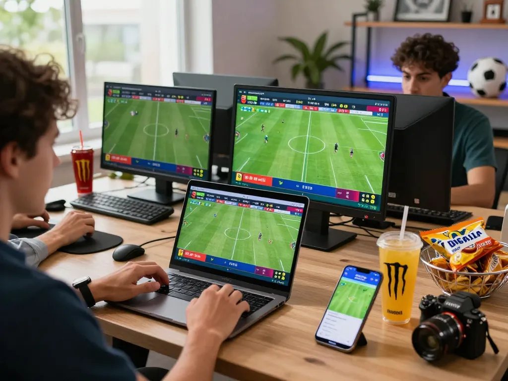 Engaged bettors on Nowgoal utilizing live scores and betting insights in an energetic workspace.