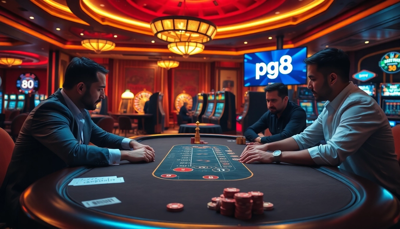 Players enjoy a thrilling poker game at a casino table showcasing pg 88 promotions and vibrant slot machines.