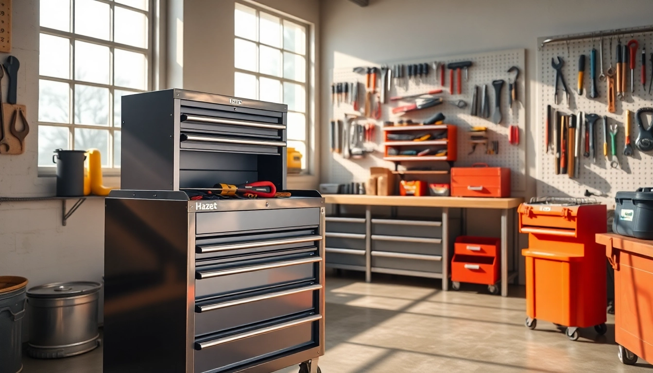 Hazet tool trolley organized with tools displayed in a professional workshop setting