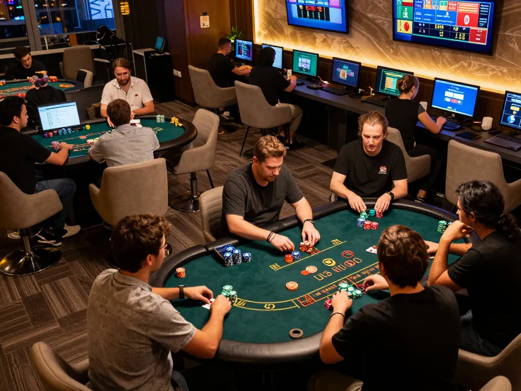 Players strategizing in the hit club online casino gaming area with poker and blackjack tables.