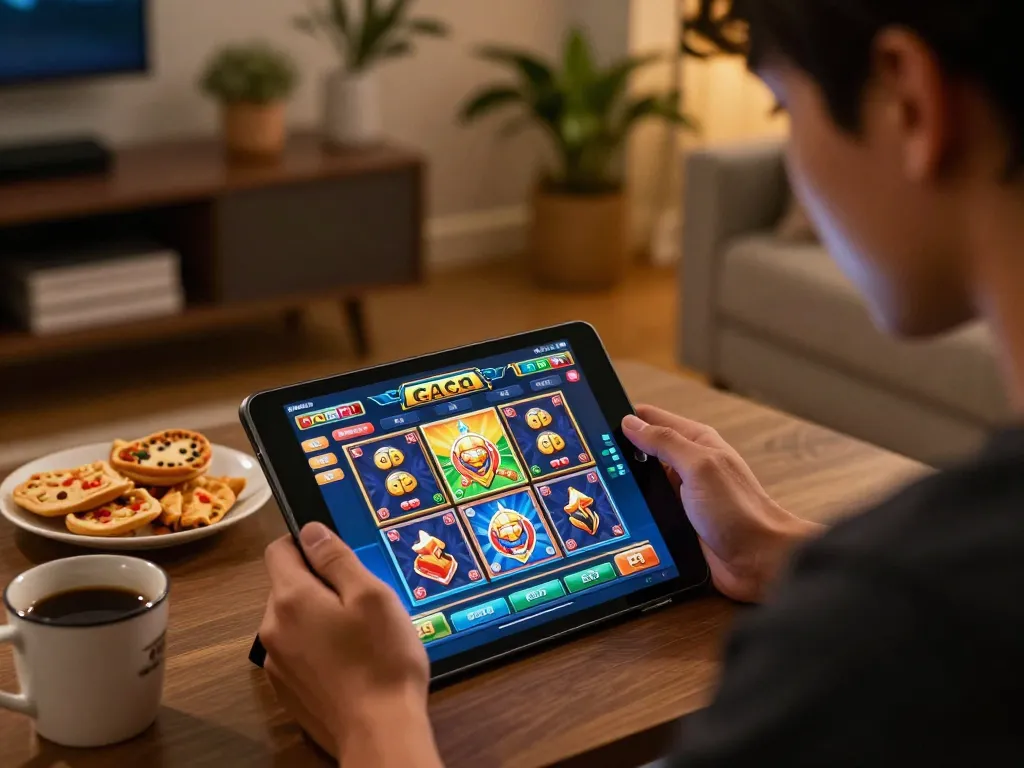 Engaged player exploring slot gacor games on tablet in a cozy home setting