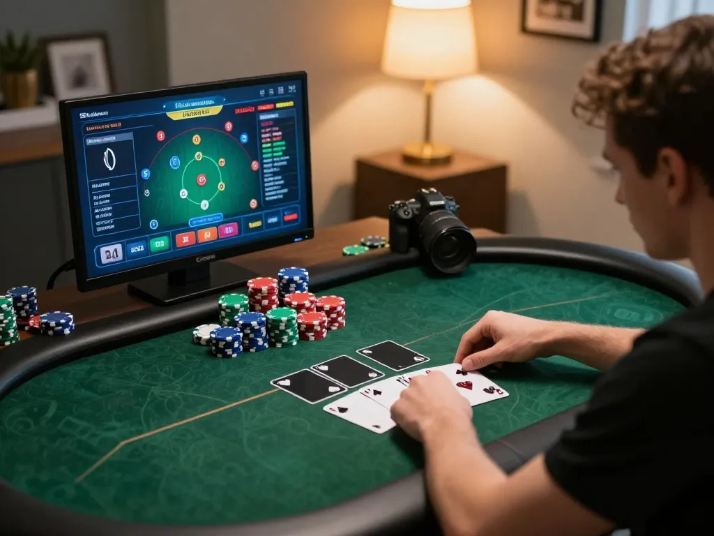 Player strategizes during an intense hand in online poker at kuwin.com, showcasing chips and cards in action.