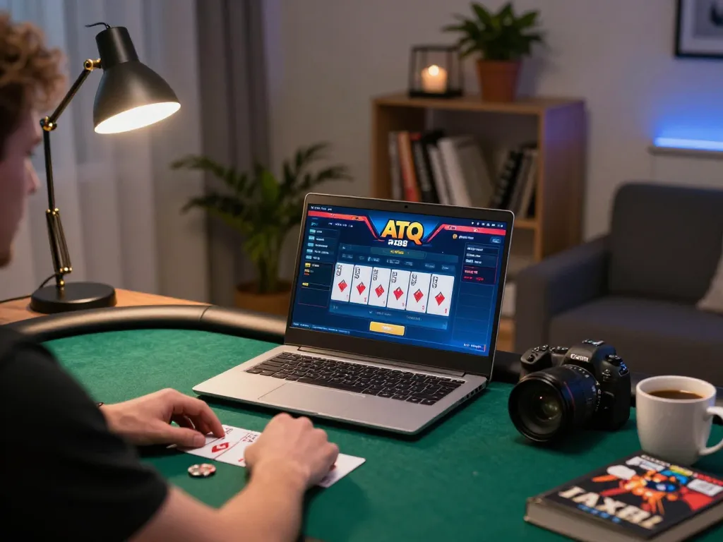 Engaged player enjoying a thrilling ATQ az88 poker game on a laptop, surrounded by a cozy gaming setup.
