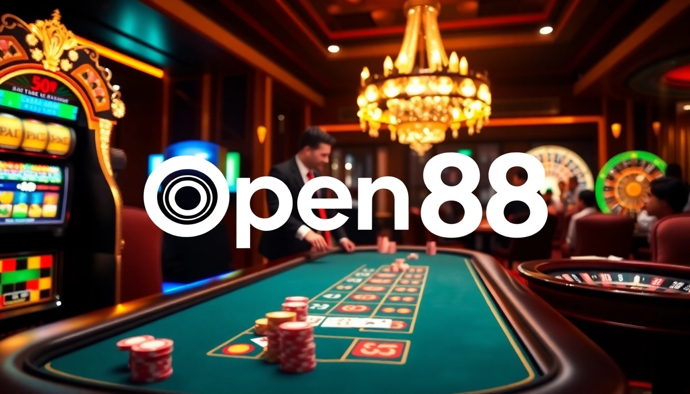 Exciting open88 casino scene featuring poker and slot games, illustrating luxury gaming.