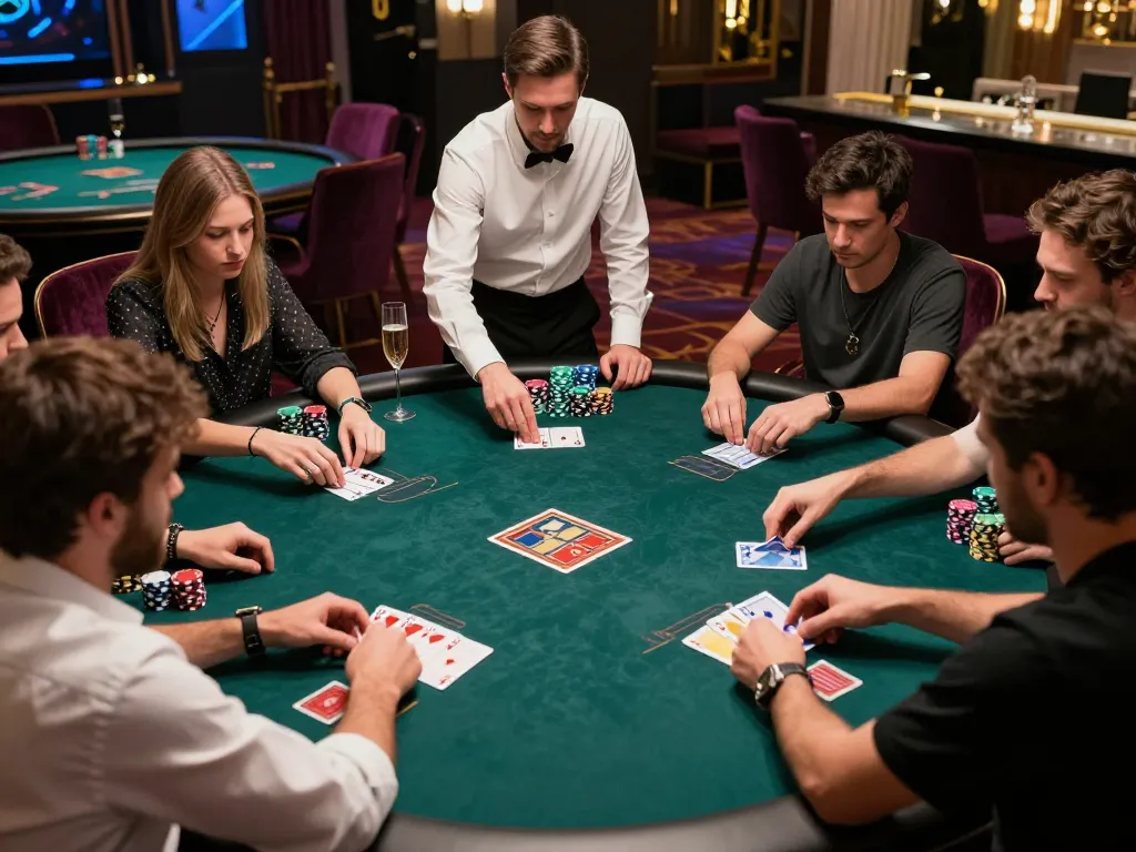 Poker players engaged in a competitive game at https://red88tt.com/, showcasing strategic gameplay and luxury casino atmosphere