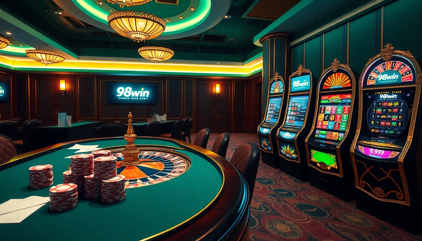 Experience thrilling gameplay at 98win trang chủ with vibrant poker chips and a sleek roulette wheel.