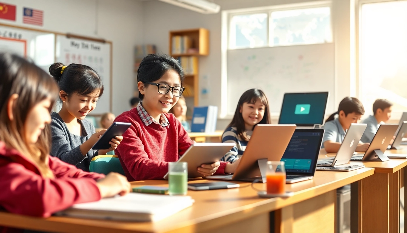 Youdao language learning scene with students using technology in a vibrant classroom.