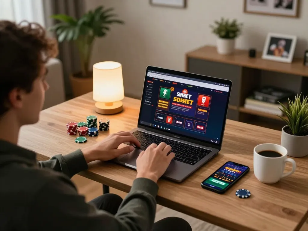 Player engages with SHBET online casino on laptop in cozy home setting, showcasing a responsible gaming environment.