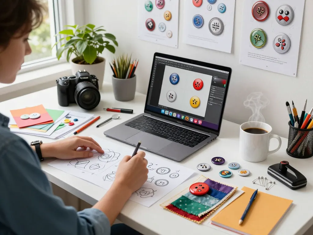 Designer creating custom button pins at a vibrant workspace with sketches and design tools.