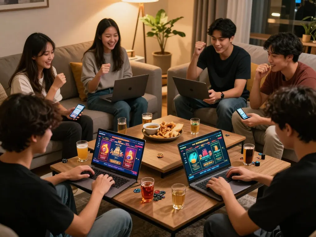 Players enjoying online gaming at gg88com in a cozy home setting, celebrating wins together.