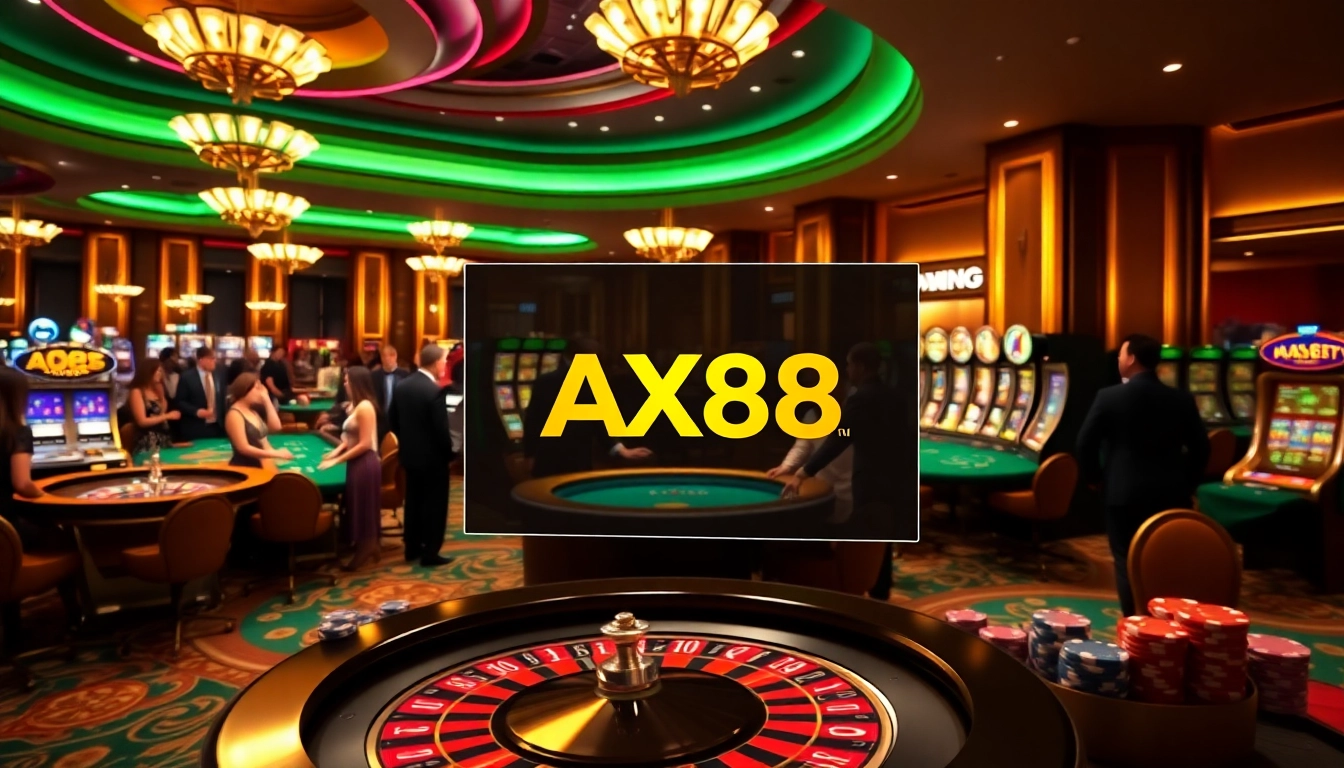 AX88 gaming experience with thrilling roulette and high-stake card play in a luxurious casino setting.