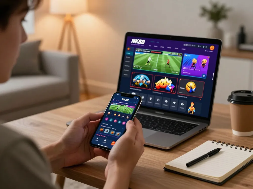 Person enjoying online gaming on trang chủ nk88 app with smartphone, showcasing interactive sports betting