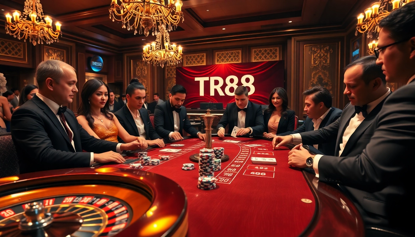 Players strategizing at a TR88-themed poker table in a luxurious casino atmosphere.