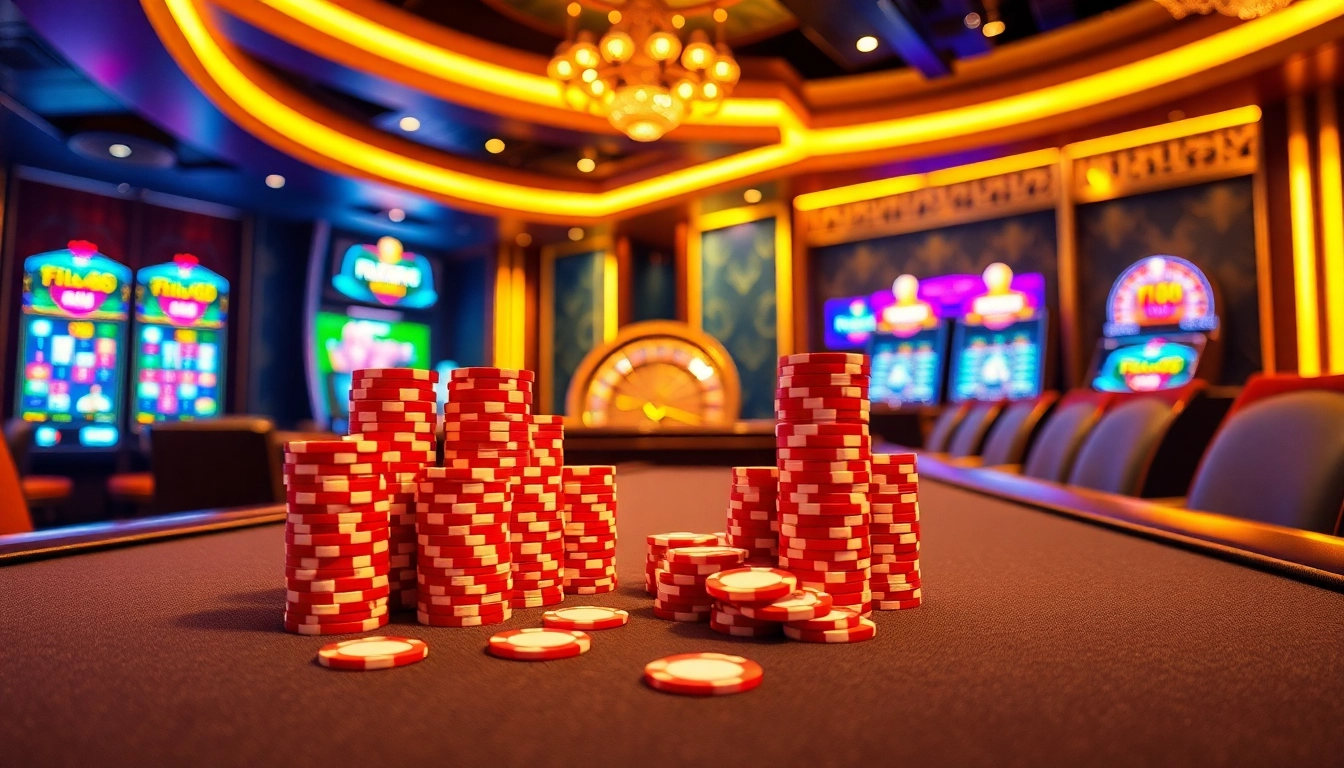 Exciting F168 casino scene with poker chips, roulette wheel, and vibrant slot machines.