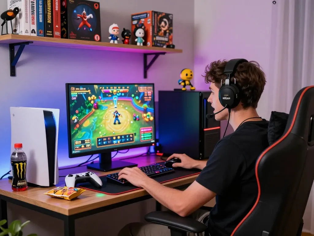 Player enjoying nk88 casino game on a vibrant gaming setup with energetic atmosphere.