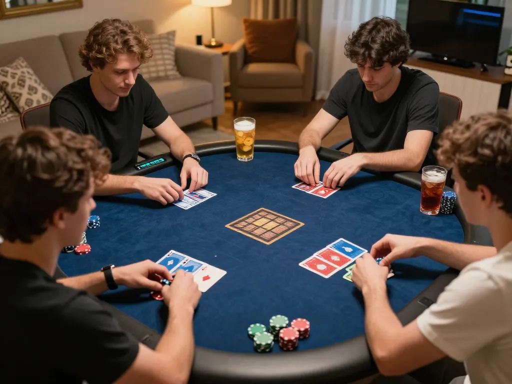 Players engaging in Hbet online poker game, showcasing excitement and strategy in a cozy home setting