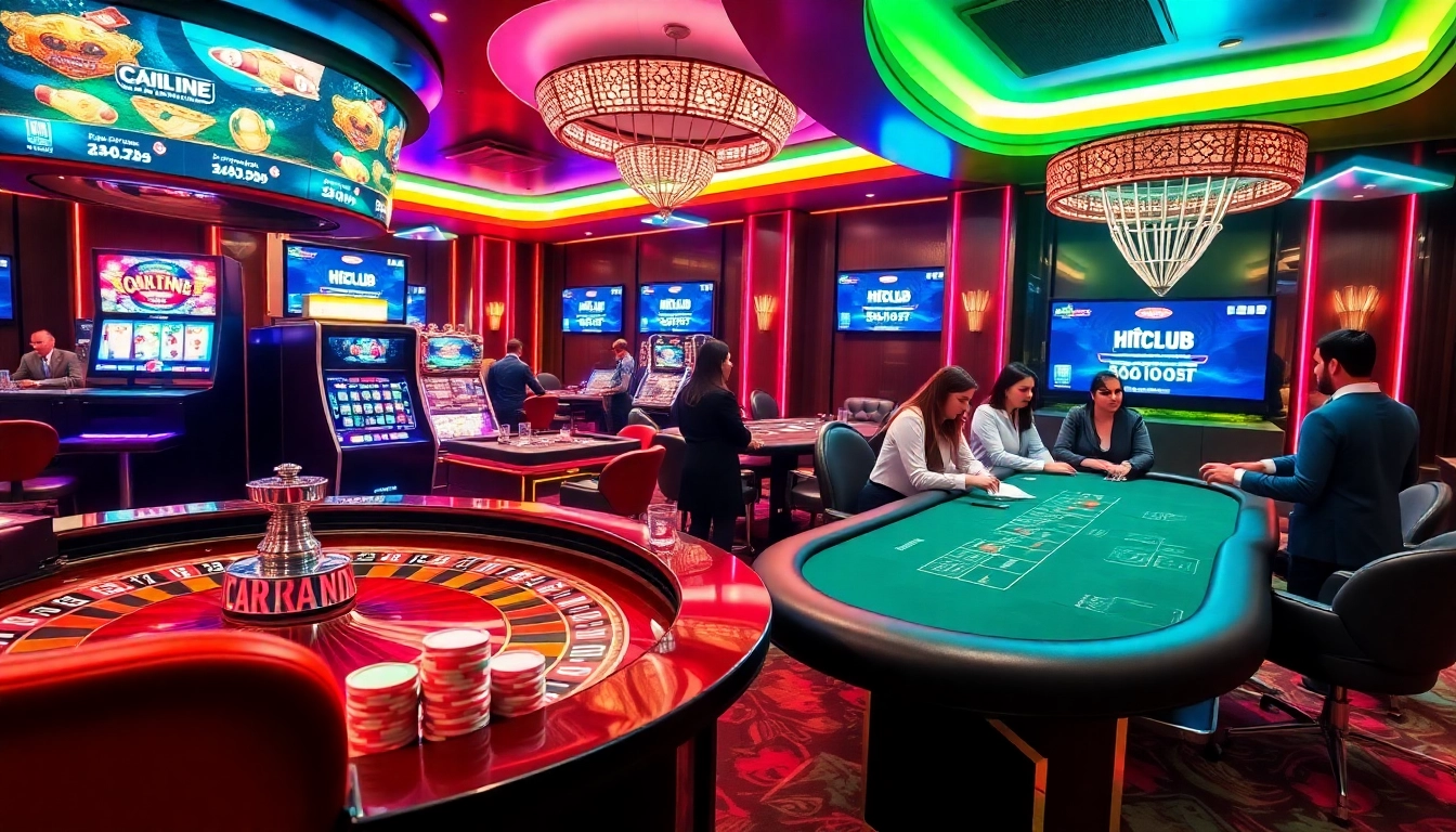 Engaged players at Hitclub casino table, strategizing with poker chips and cards.