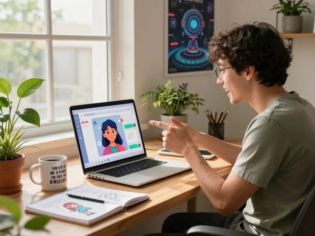 User engaged in a lively crush on ai chat with character, showcasing a modern workspace with vibrant decor and technology.