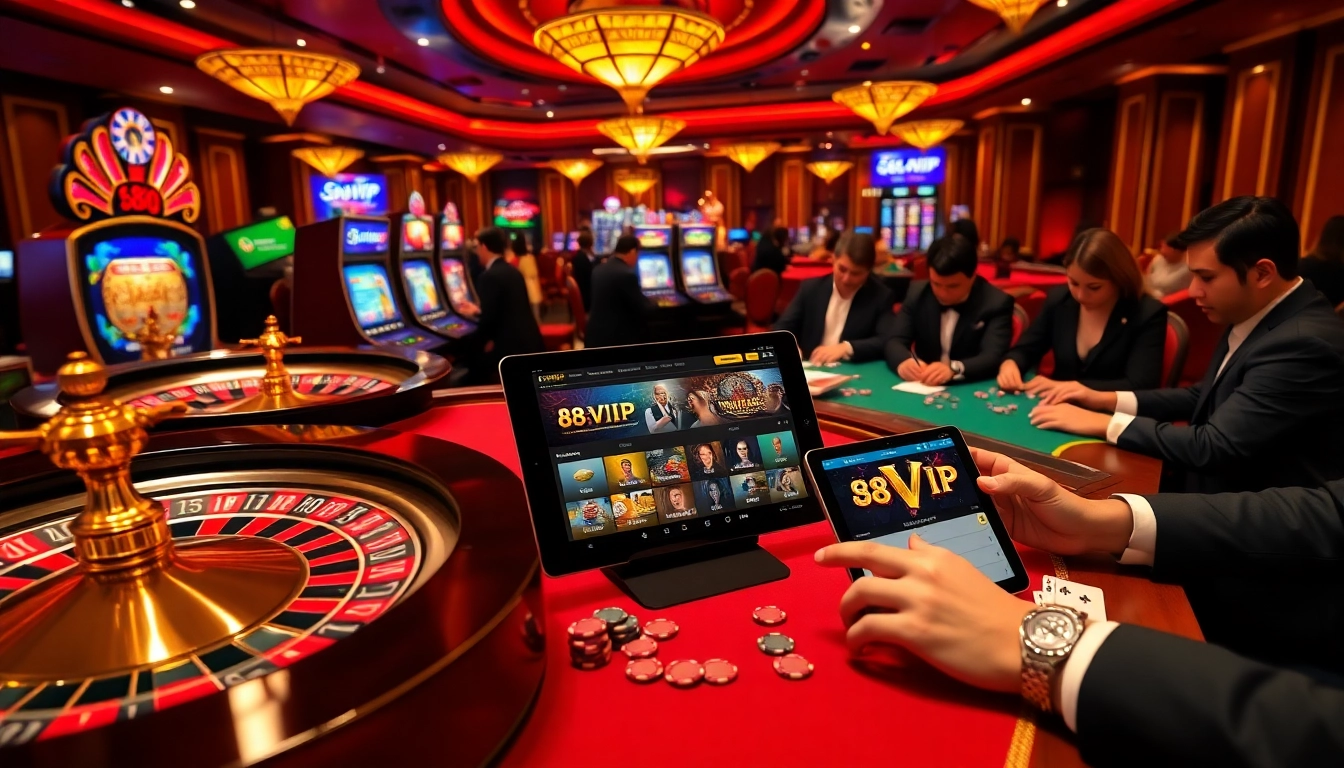 Engaging in thrilling games at 68VIP casino, featuring poker chips and roulette wheels.