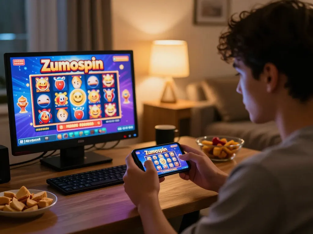Experience the excitement of the Zumospin bonus while gaming on a smartphone in a cozy home setting.