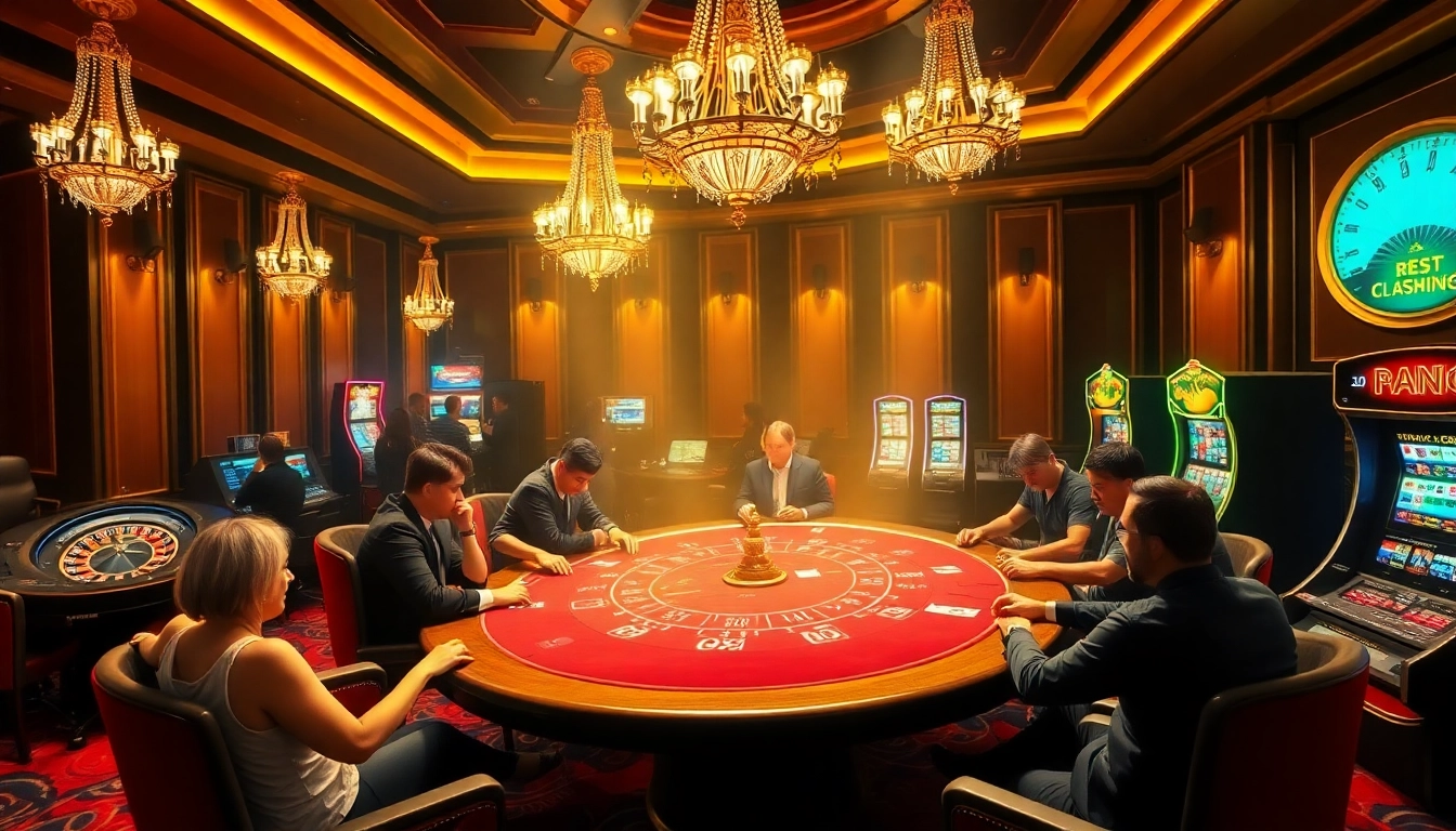 Exciting scene of players at Nhà Cái QQ88 poker table, showcasing vibrant casino atmosphere.