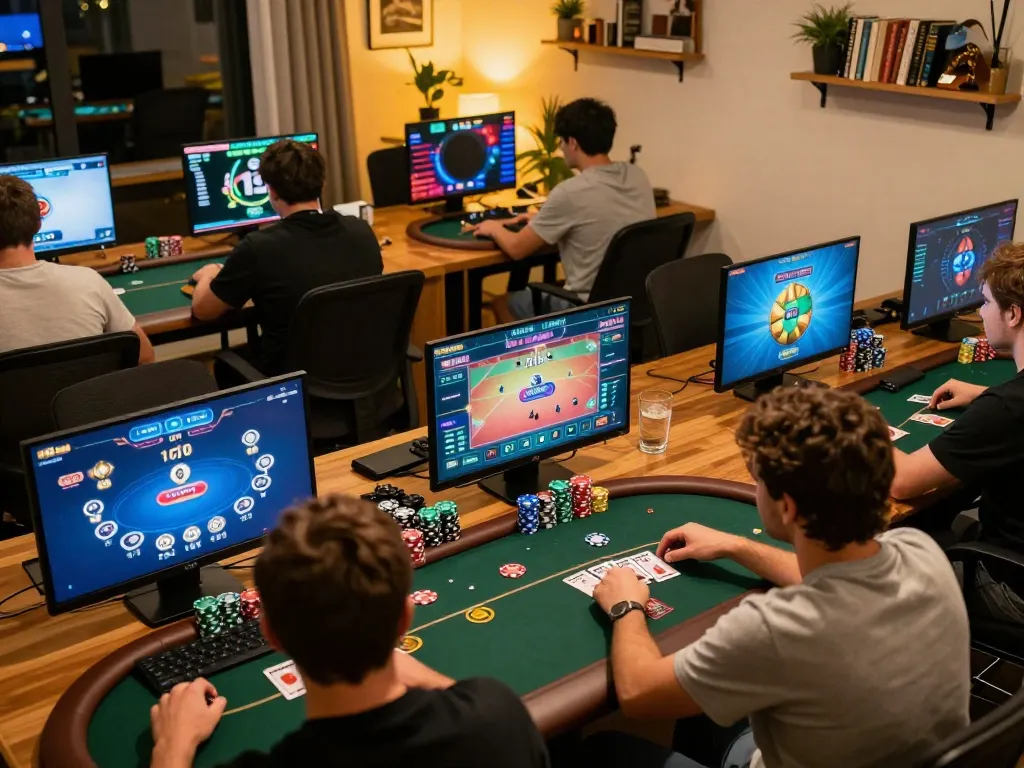 Players engaged in online poker using gg88com on their devices in a cozy home setup.