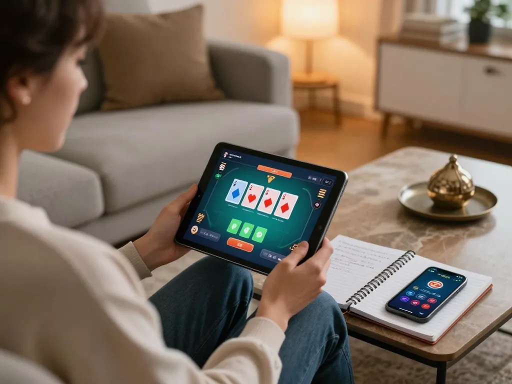 RR88 player enjoying online poker from home with tablet and notebook while managing bankroll