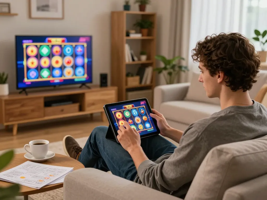 Engaged user exploring slot games at 3Win from the comfort of a cozy home.