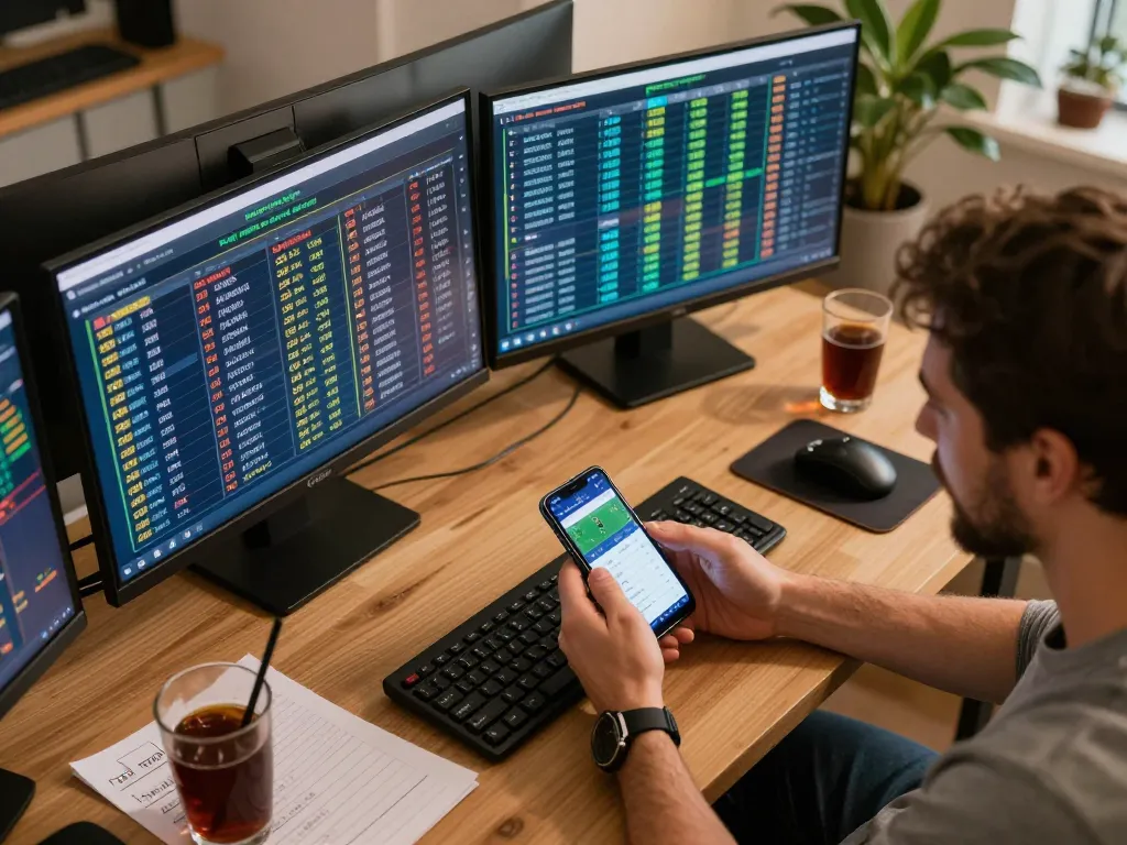 Bet on link vao 12bet with a person analyzing odds on multiple screens in a stylish home office.