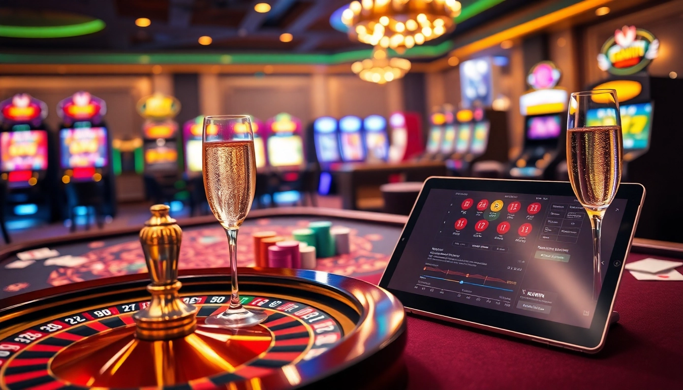 Engaging gambling scene showcasing KUWIN with poker chips, a roulette wheel, and vibrant slot machines.