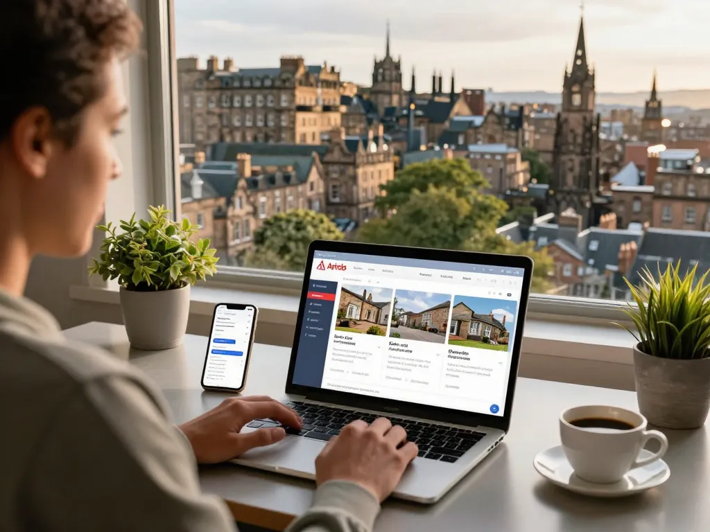 Maximizing airbnb management edinburgh with a laptop and beautiful city views.