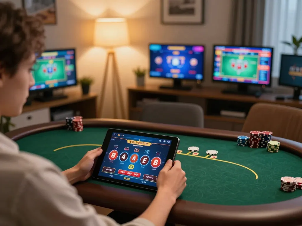 Enjoying online poker at home via NK88 .COM app, showcasing strategic gameplay in a cozy setting.