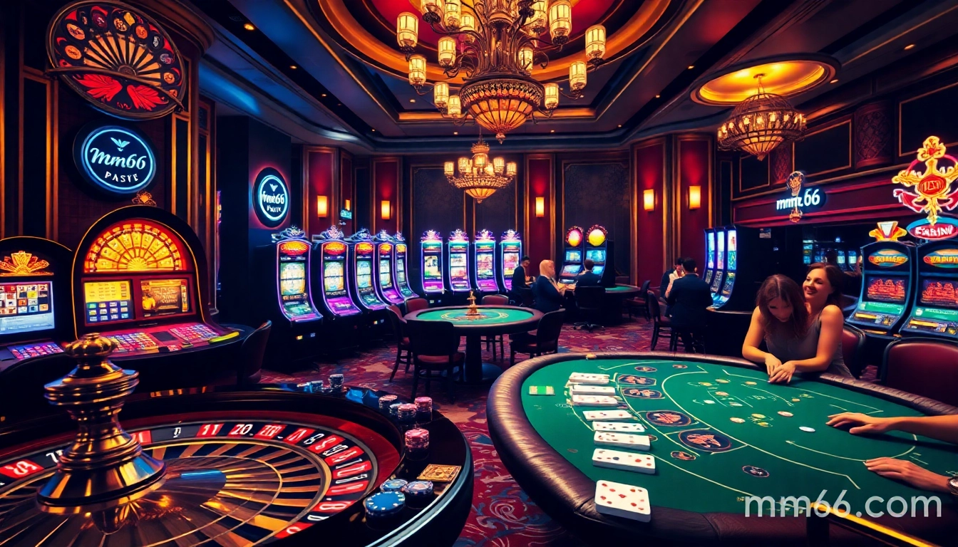Experience the thrill of gambling at mm66.com with vibrant casino tables and poker chips.