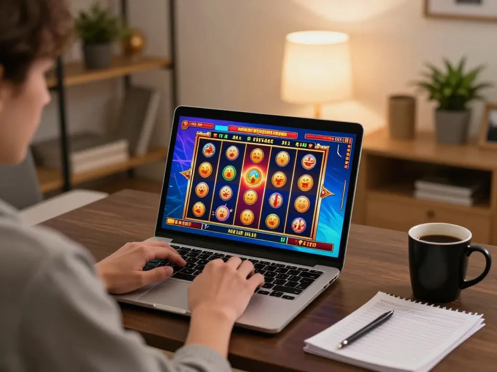 Player engages with exciting TG88 online casino slot game at home, showcasing colorful graphics and strategic notes.