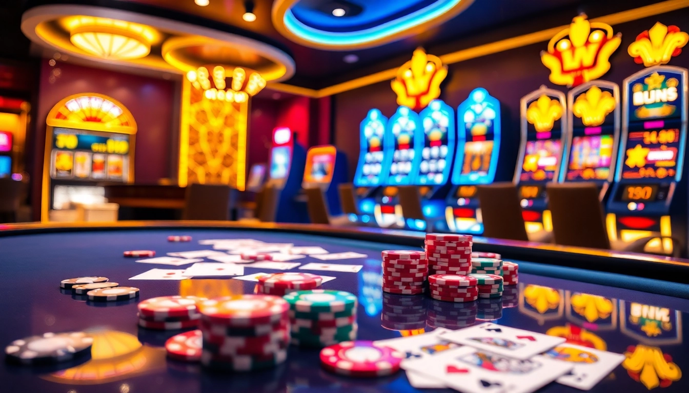 Engaging casino scene featuring gambling elements, showcasing the brand RR88's vibrant gaming atmosphere.
