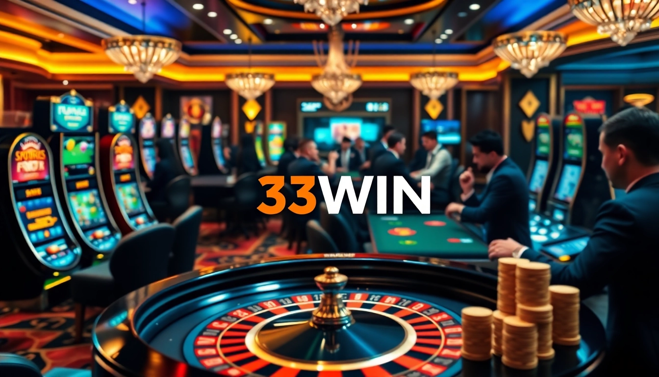 Experience the excitement of gambling at 33WIN with a luxurious casino setting featuring roulette and poker.