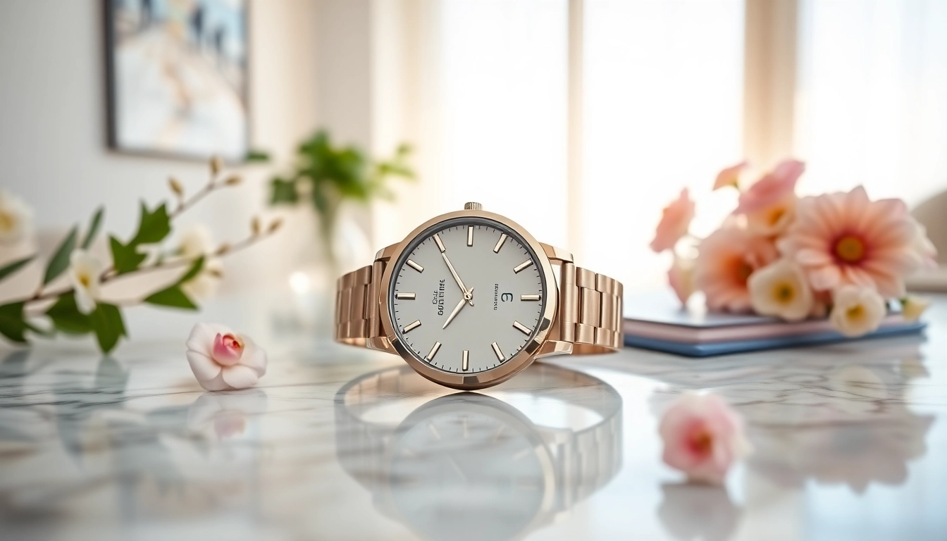 Showcasing a Ladies Classic Smart Watch resting on a marble surface, emphasizing its elegant design.