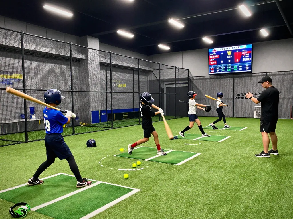Training session at the hit club with young athletes practicing batting techniques in a vibrant indoor facility.
