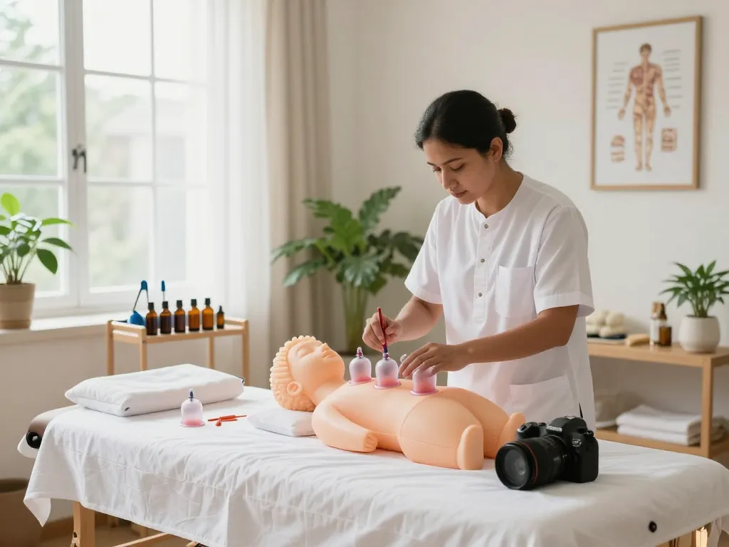 Professional Hijama course UK session showcasing therapeutic cupping techniques in a serene wellness studio.