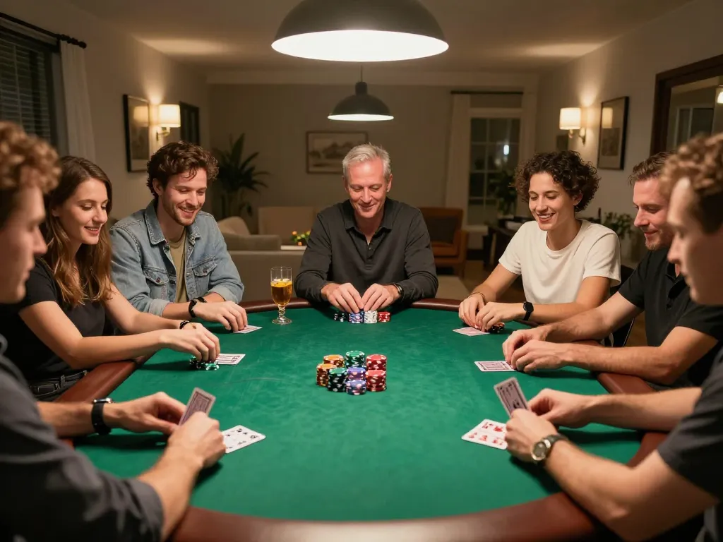 Home poker night with friends enjoying strategic gameplay at nhà cái uy tín Sunwin, showcasing engaged players and colorful chips