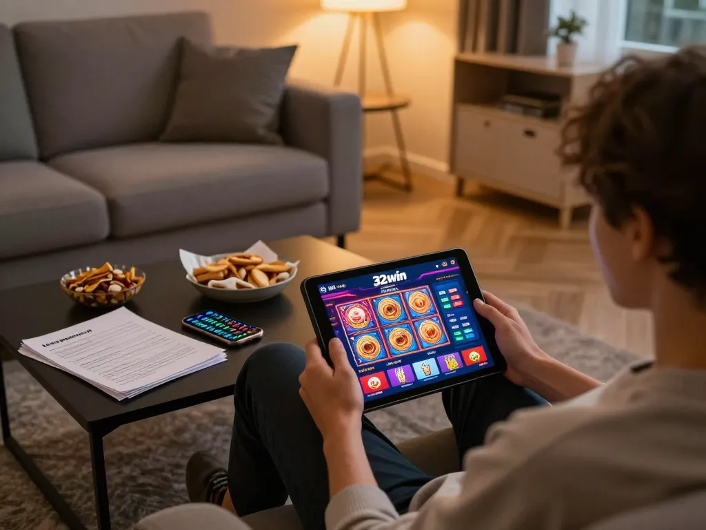 Engaging home scene showing a player exploring the 32win casino app on a tablet amid strategy notes and snacks